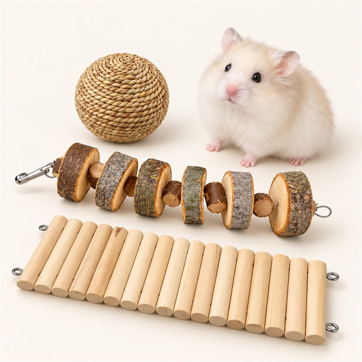 Illustrative image of Chew & Play Kit with our hamster Guga beside it