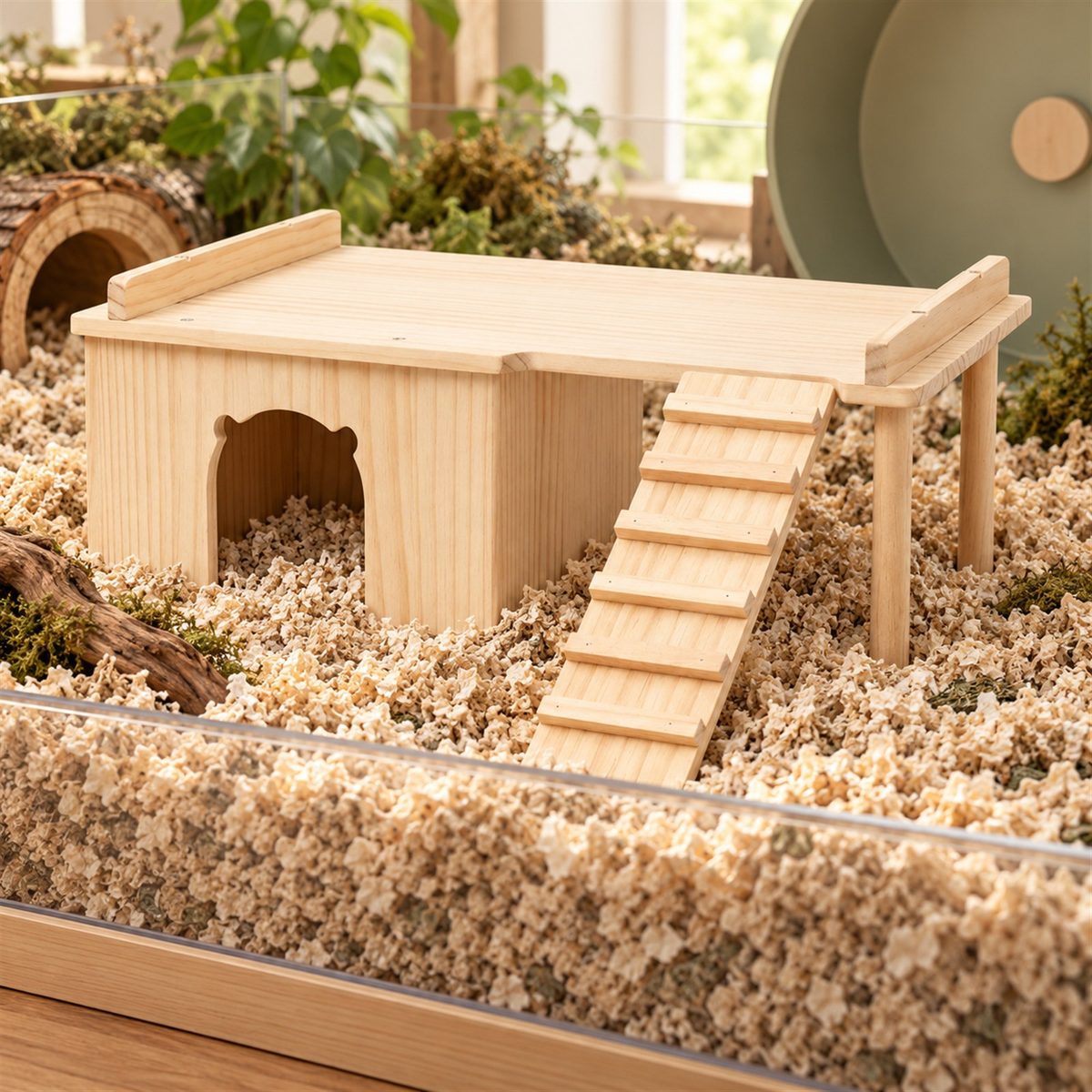 Illustrative image of Two-Level Wooden Hideout with Ladder in a hamster habitat scene
